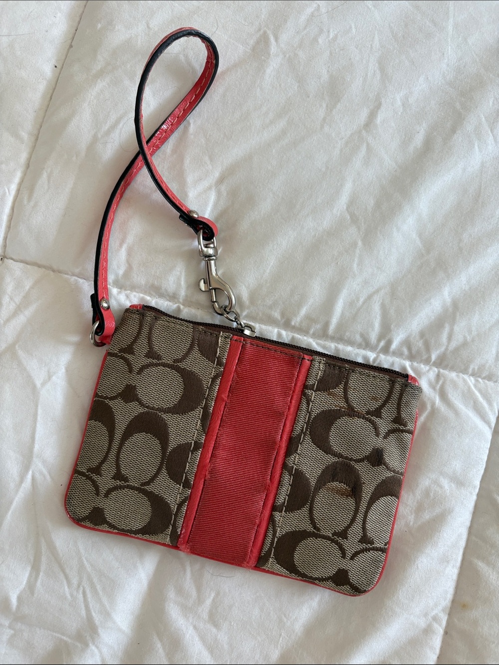 Coach Signature Khaki Brown Monogram Wristlet Coral Orange Stripe Y2K